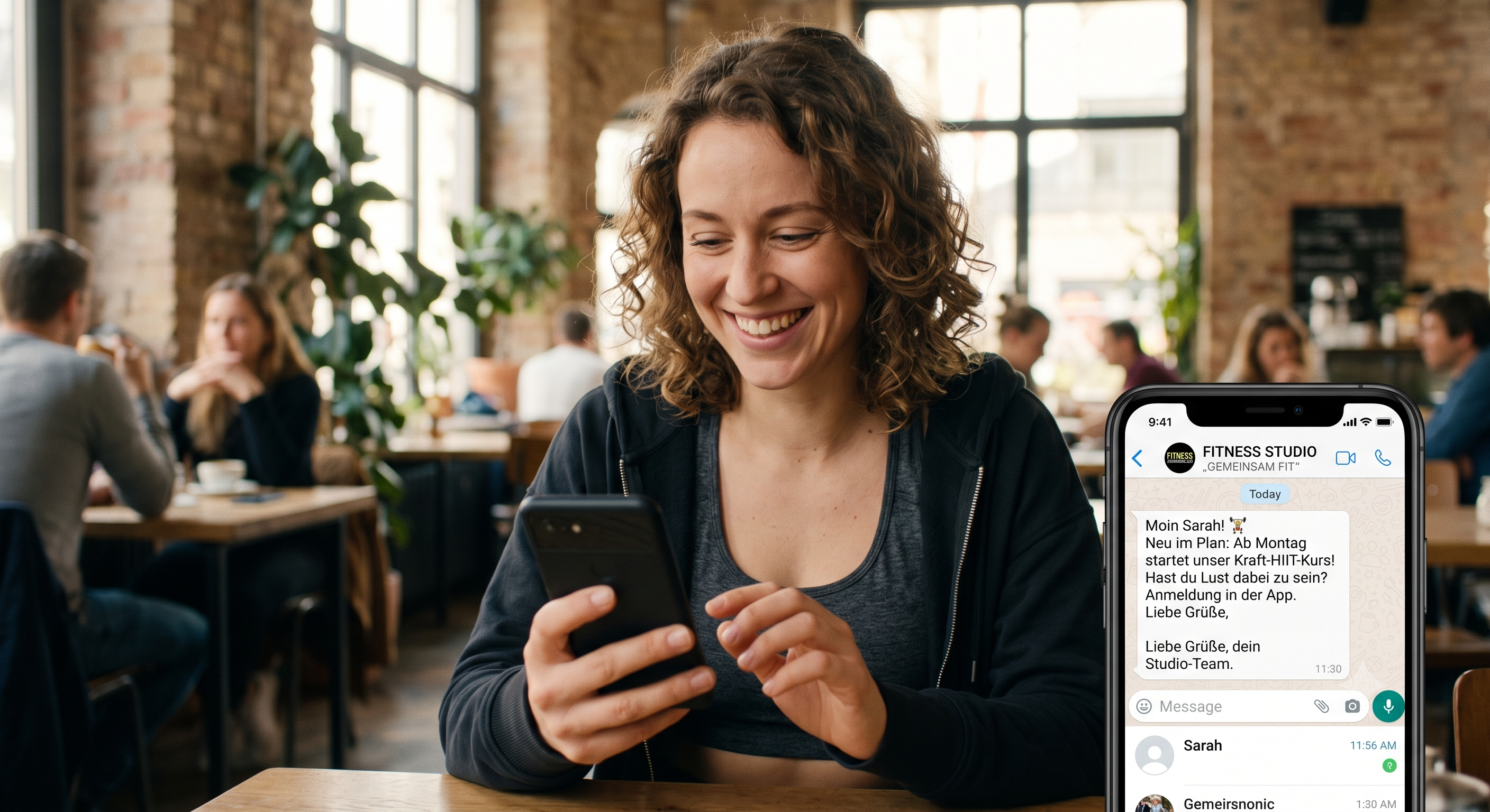 Frau lächelt beim Lesen einer persönlichen WhatsApp-Nachricht ihres Fitnessstudios auf ihrem Smartphone